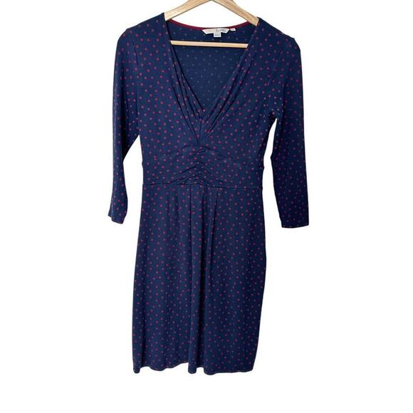Boden Marion Jersey Knit 3/4 Sleeve Polka Dot Print Navy/Red Mini Dress (4L) - Picture 2 of 14